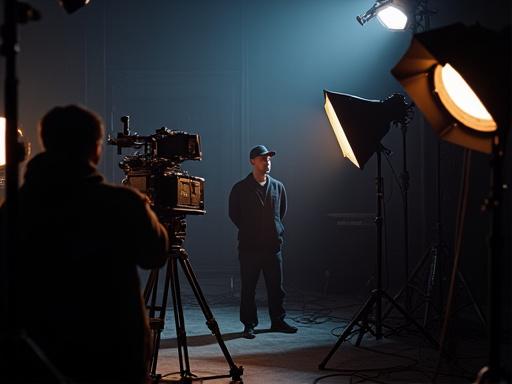 드라마 촬영장의 카메라와 조명 장비