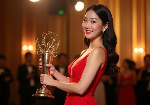 트로피를 들고 있는 배우 이지아